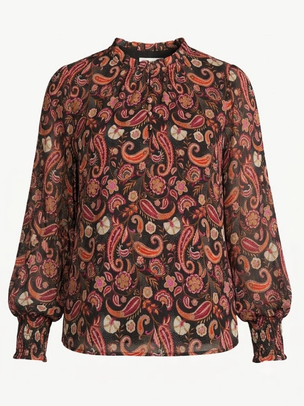 Loft Button Paisley Print Mesh Sleeves Long-Sleeve Blouse Floral Women’s Small
